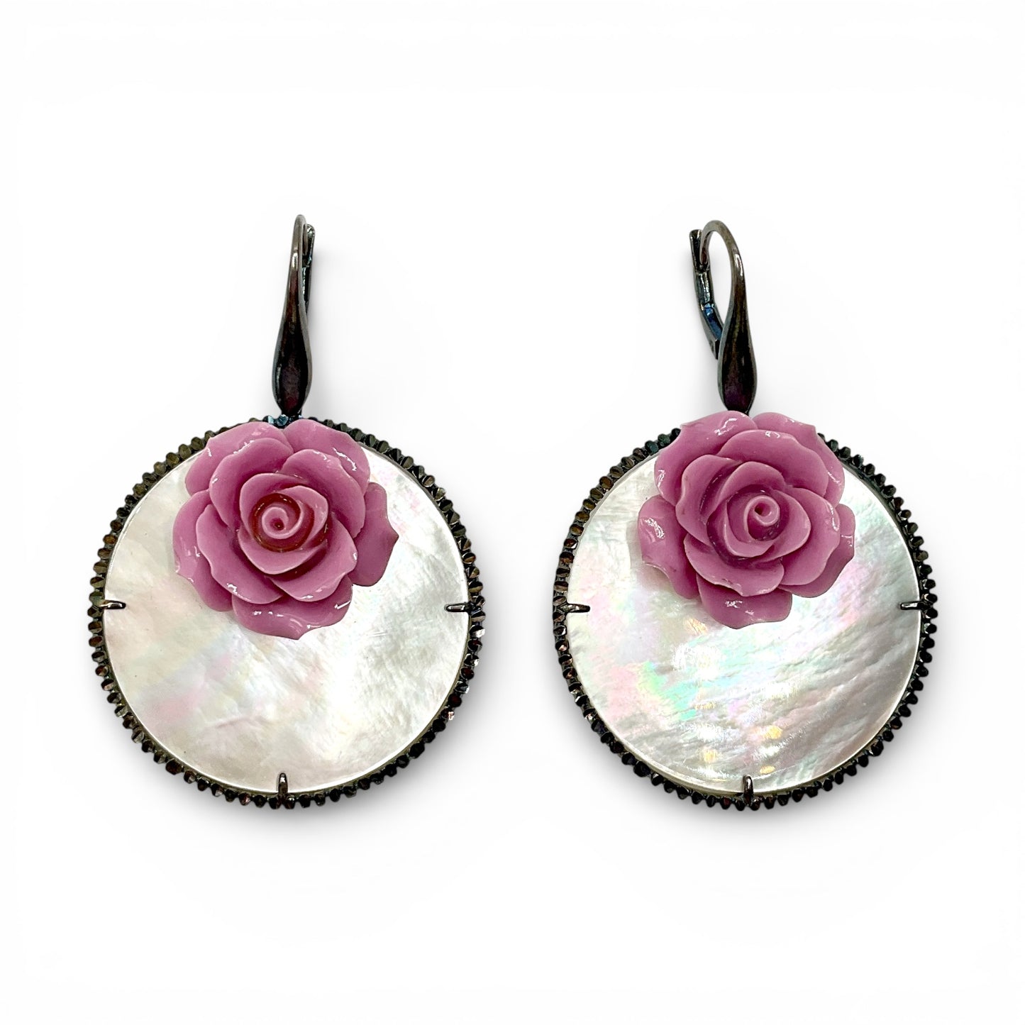 Orecchini Pendenti Madreperla con Rosa Lilla - OR.AG35