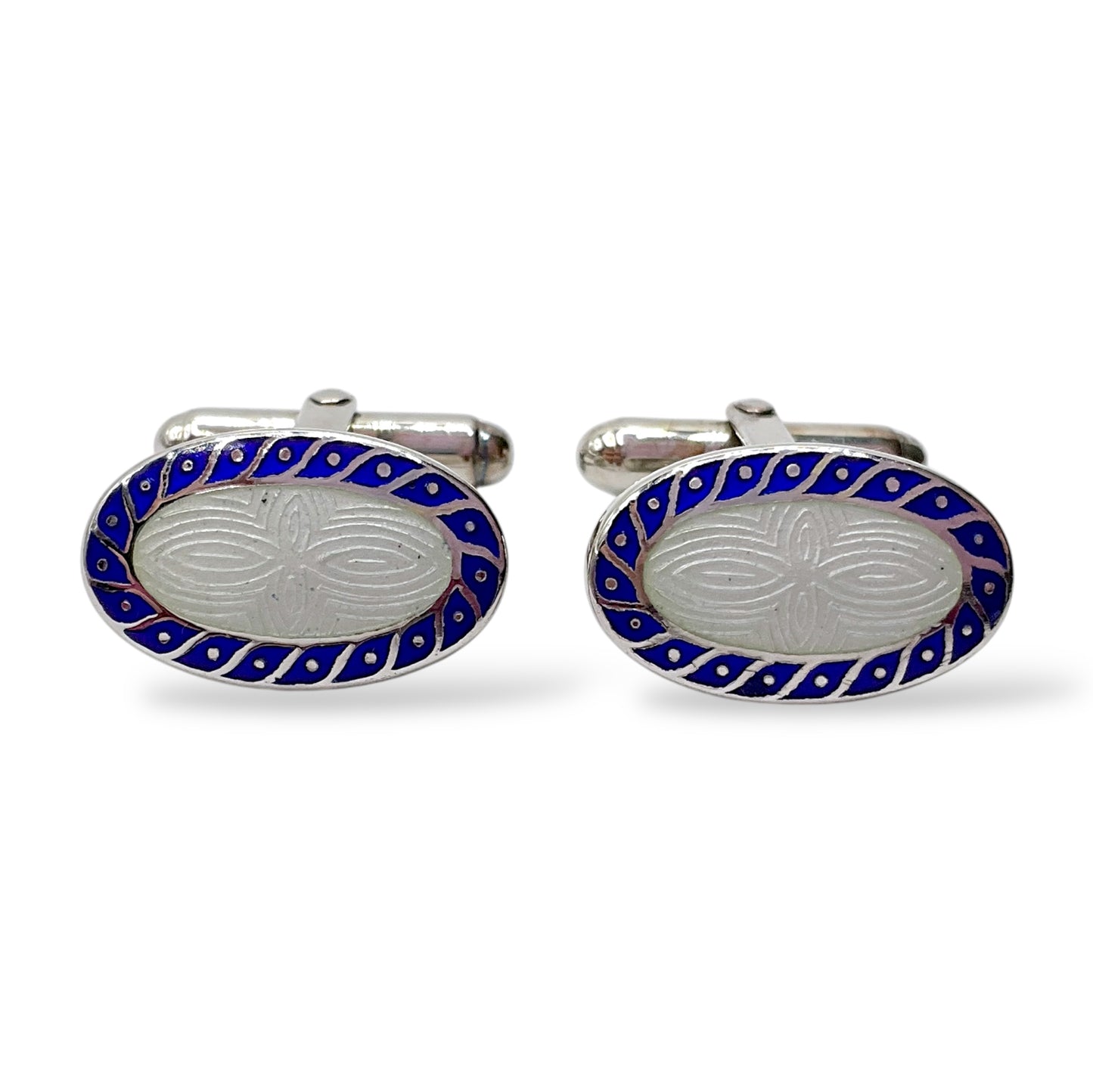 Gemelli Ovali Argento e Smalto Perlato Bianco e Blu Antorà - 296