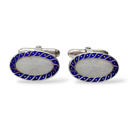 Gemelli Ovali Argento e Smalto Perlato Bianco e Blu Antorà - 296