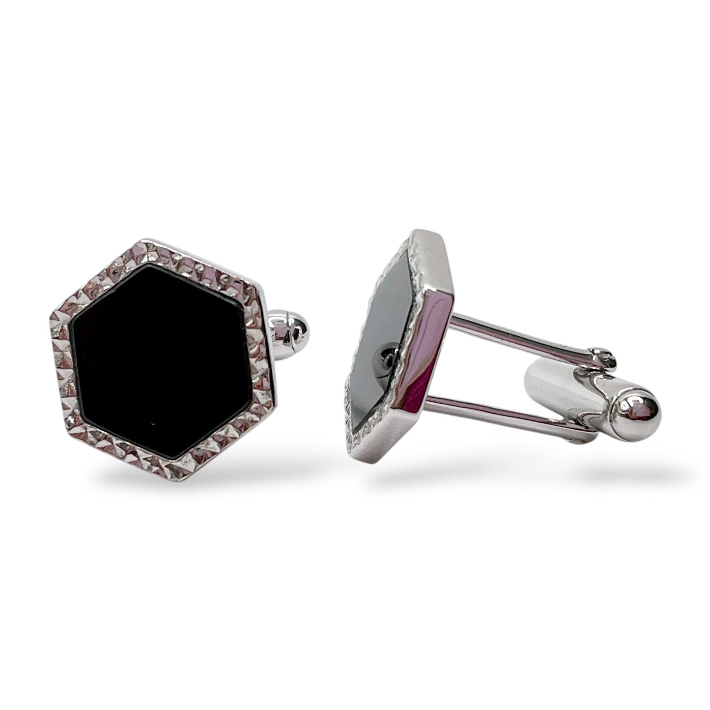 Gemelli Ottagonali Argento e Onice Bordo Diamantato Antorà - 582